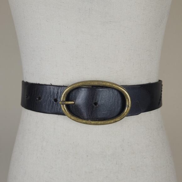 Black Leather Belt XL Oval Buckle Zig Zag Stitch Rustic Utility Utilitarian Boho main image 2